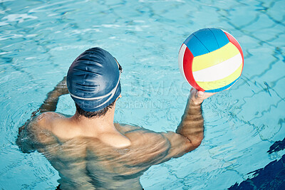 Buy stock photo Man, swimming pool or water polo player with ball, cap or goggles in sports game, training or workout for competition fitness. Exercise, swimmer or athlete and match play equipment in challenge goals