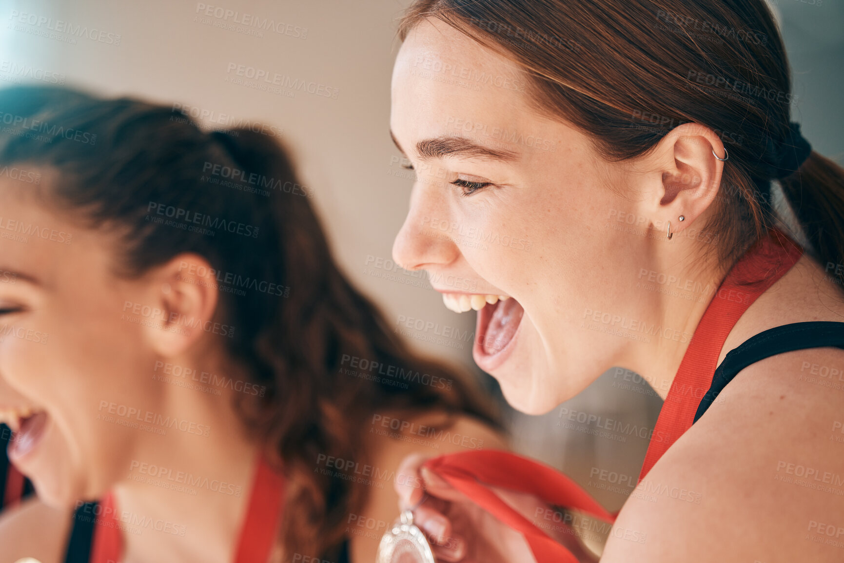 Buy stock photo Fitness women, medal and sports winner celebrate champion award or prize after competition or game. Face of athlete people or excited friends happy about achievement, success or winning performance