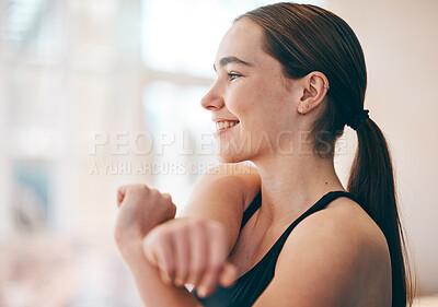 Buy stock photo Stretching arms, happy and woman ready for fitness, training and exercise for morning energy. Freedom, gym and girl smiling for a warm up before a workout, sports or thinking of motivation for cardio