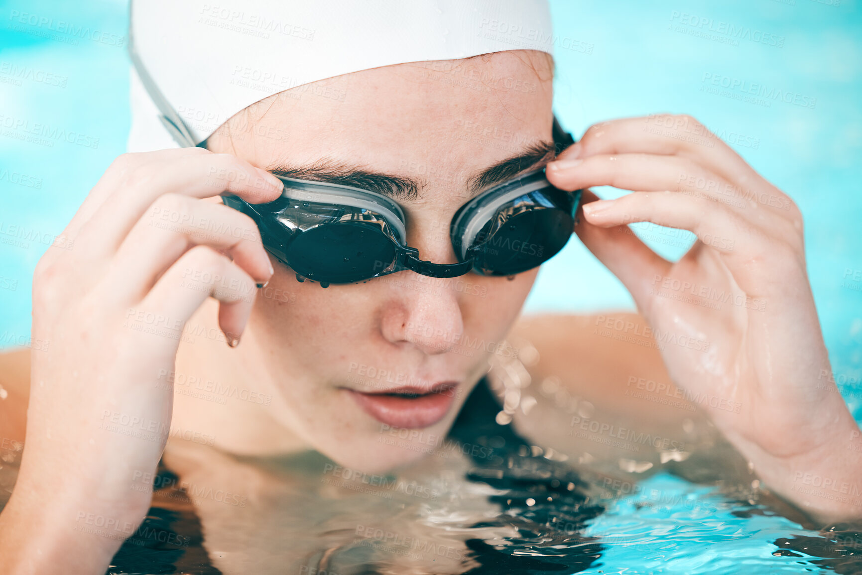 Buy stock photo Swimmer, hands and face with goggles in fitness sports for exercise, workout or training in swimming pool. Sporty athletic woman professional in practice for underwater swim competition in swimwear