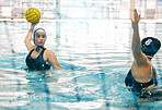 Water polo athlete, woman and ball in swimming pool, active sports and fitness with action and energy. Competitive, team sport and challenge, training and workout, health motivation and cardio