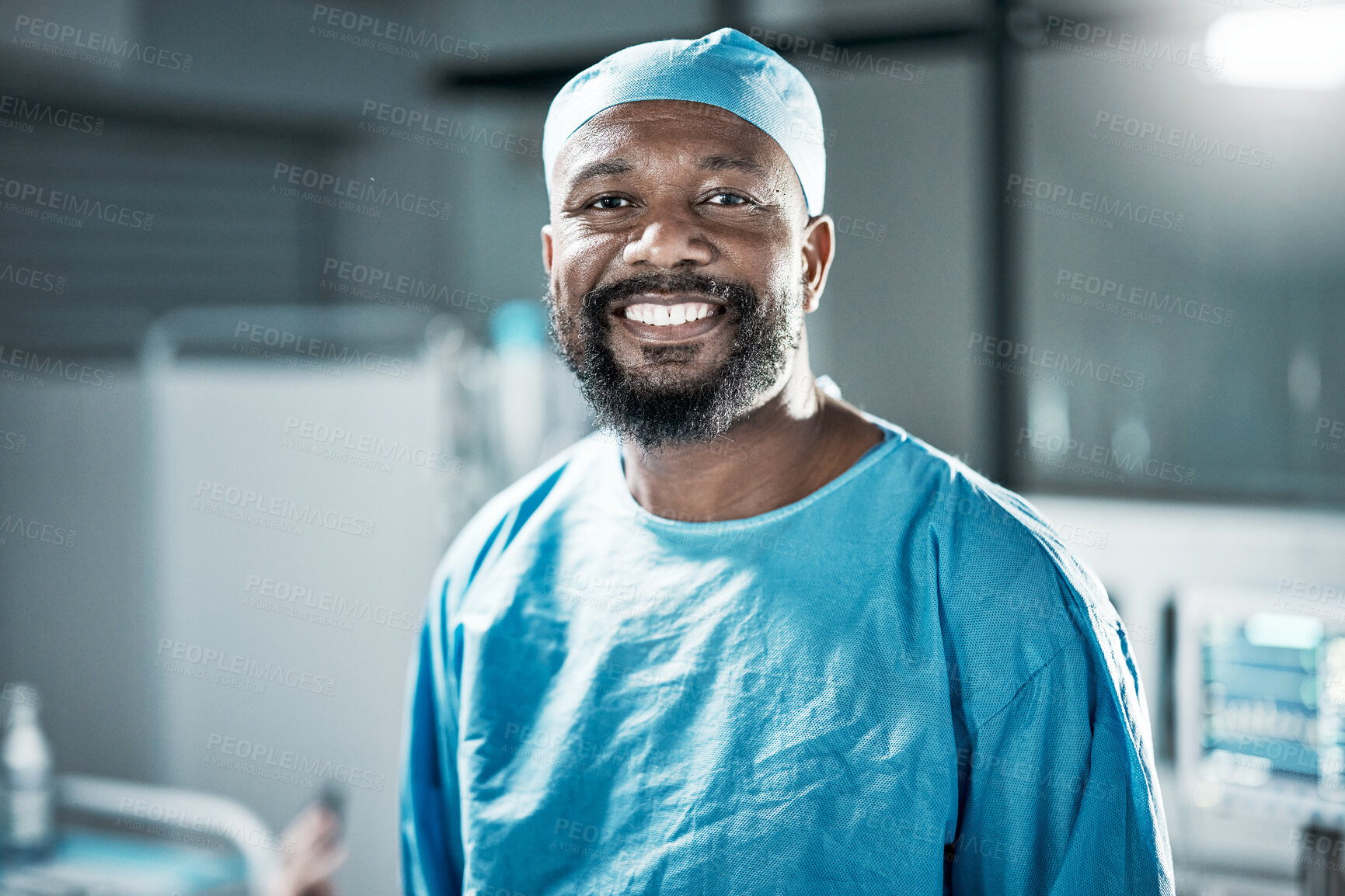 Buy stock photo Face portrait, black man and doctor in hospital satisfied with career, job and clinic profession. Healthcare, medical professional and confident, proud and happy male surgeon from Nigeria in scrubs.