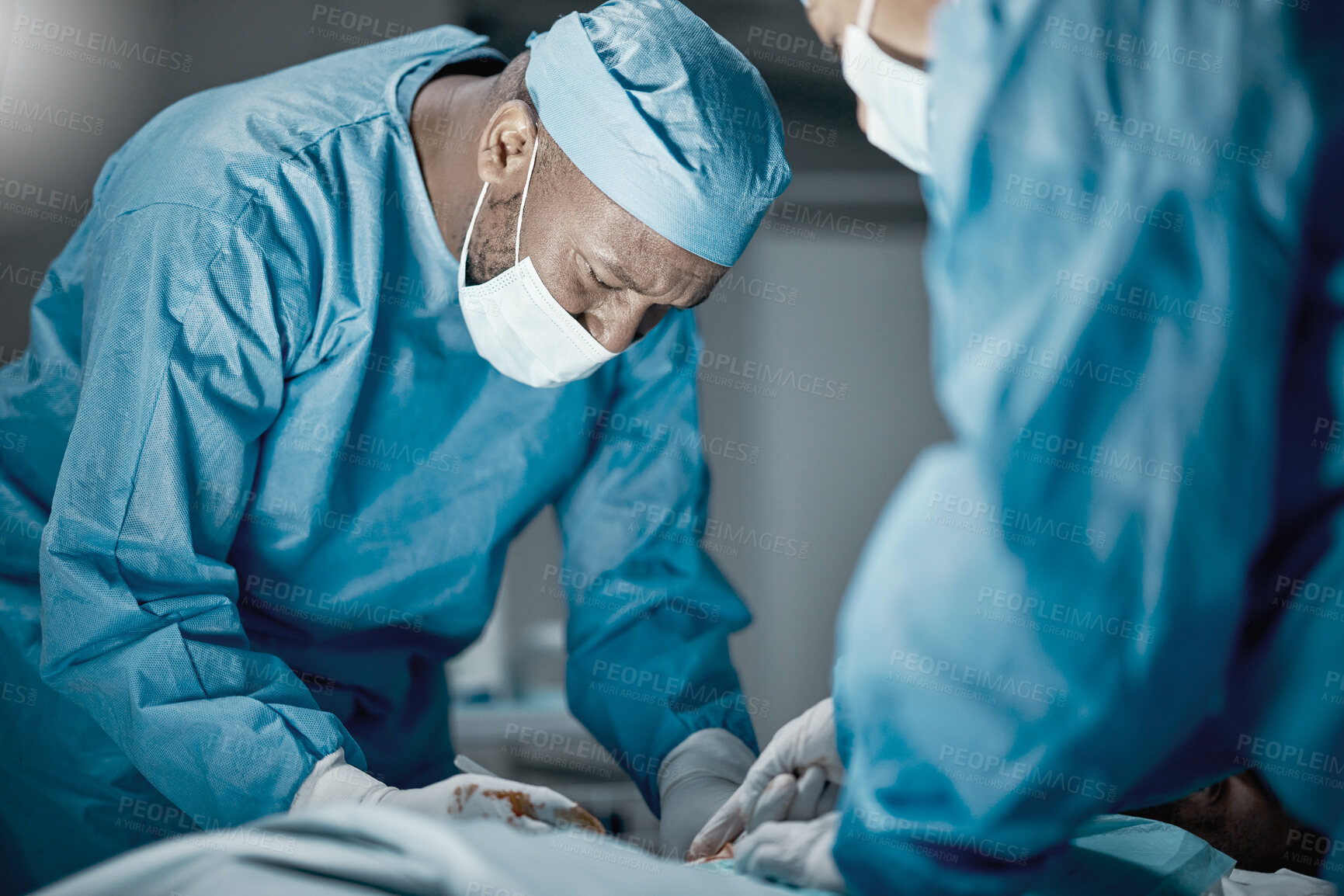 Buy stock photo Surgery, hospital and healthcare doctors in operating room for emergency operation on patient. Health, collaboration and team of medical surgeons working with surgical tools to save a life in clinic.