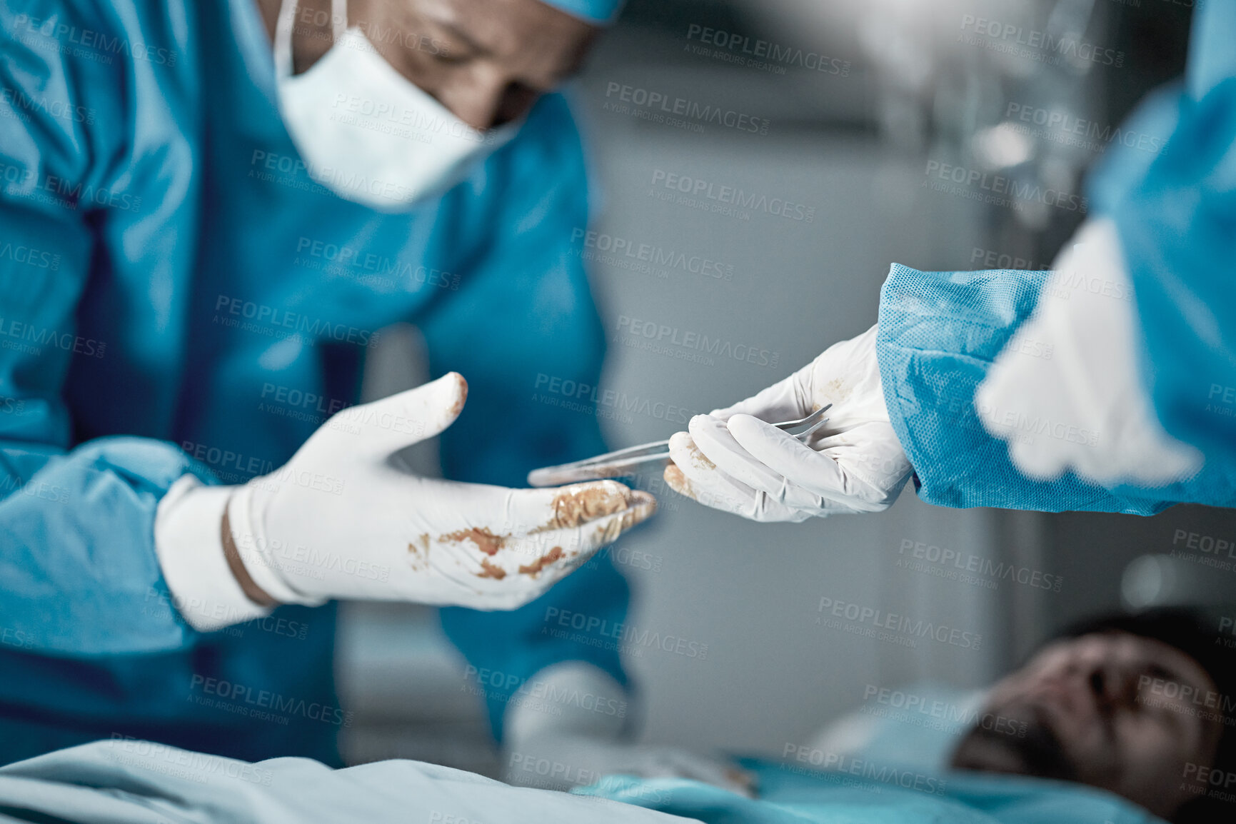 Buy stock photo Hospital, surgery and hands of doctors with tweezers in operating room for emergency operation on patient. Health clinic, teamwork and medical surgeons working with surgical tools to save life of man