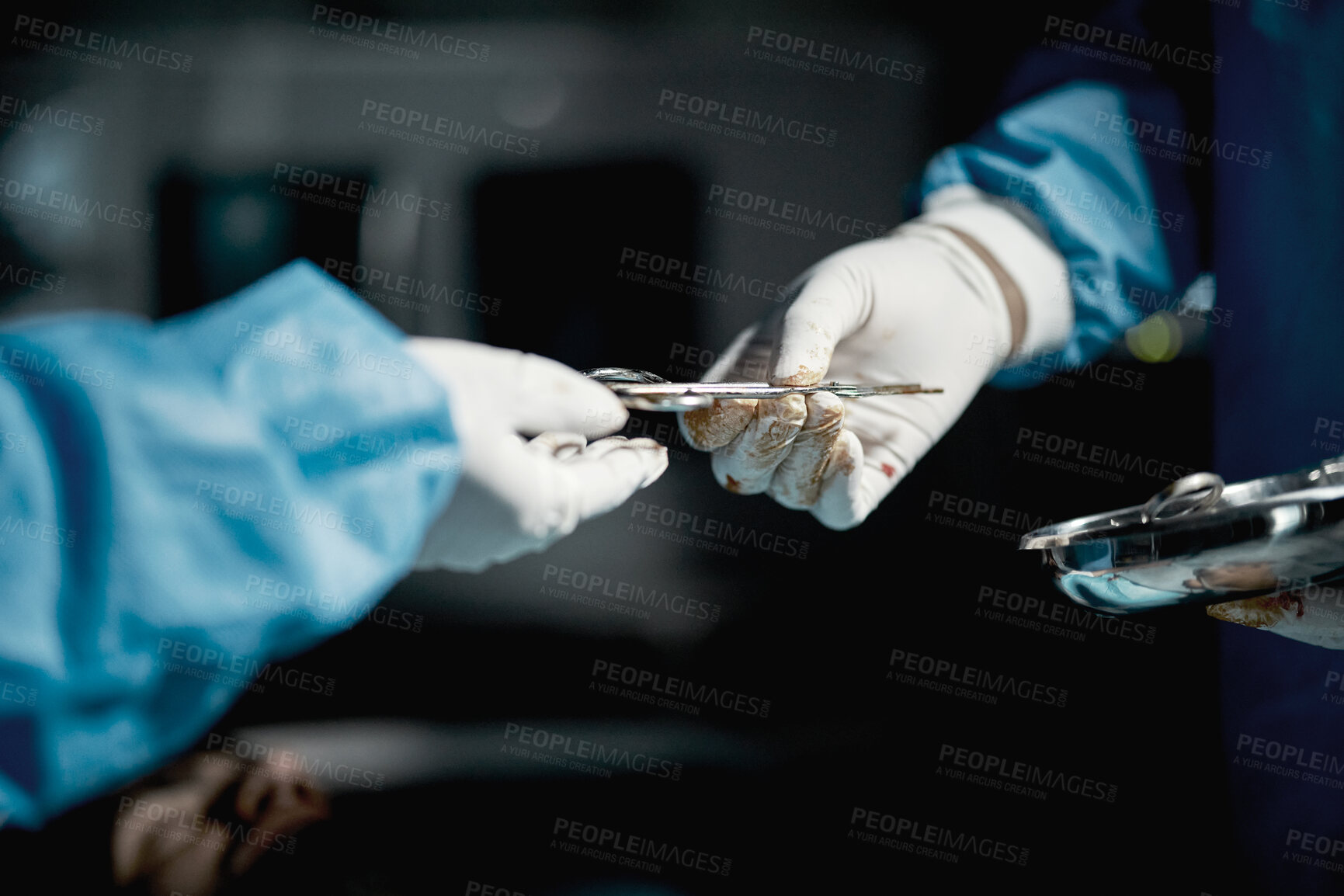 Buy stock photo Surgeon, hands and medical scissors for a surgery on a emergency, operation or surgical room. Healthcare, people and team of doctors operating on a patient with steel tools in a medicare hospital.