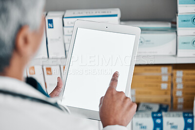 Buy stock photo Digital tablet, mockup and hands of pharmacist for medicine, stock and checklist, prescription or pills. Copy space, screen and female health expert online for internet, search and app for inventory 