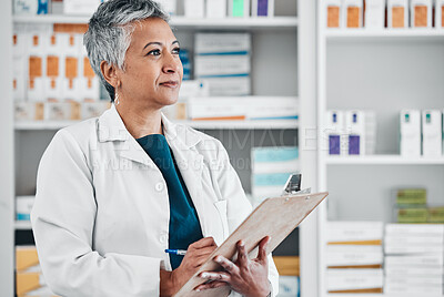 Buy stock photo Senior woman thinking, pharmacist and paper data of insurance or medical documents. Healthcare, doctor and elderly wellness consultant with clipboard and pills document about pharmacy retail stock