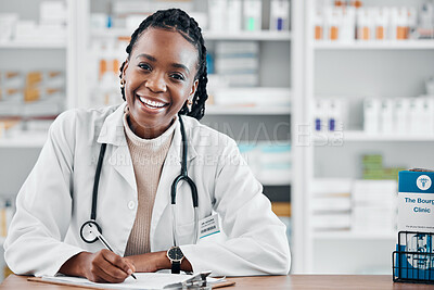 Buy stock photo Black woman, pharmacist portrait and smile consultant with stock and health research for wellness. Happy, pharmacy worker and documents of a pharmaceutical employee ready for healthcare work