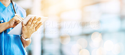 Buy stock photo Woman, doctor and tablet on banner, mockup space and bokeh background. Hands of healthcare worker, digital technology and planning medical innovation, telehealth app and online consulting management 