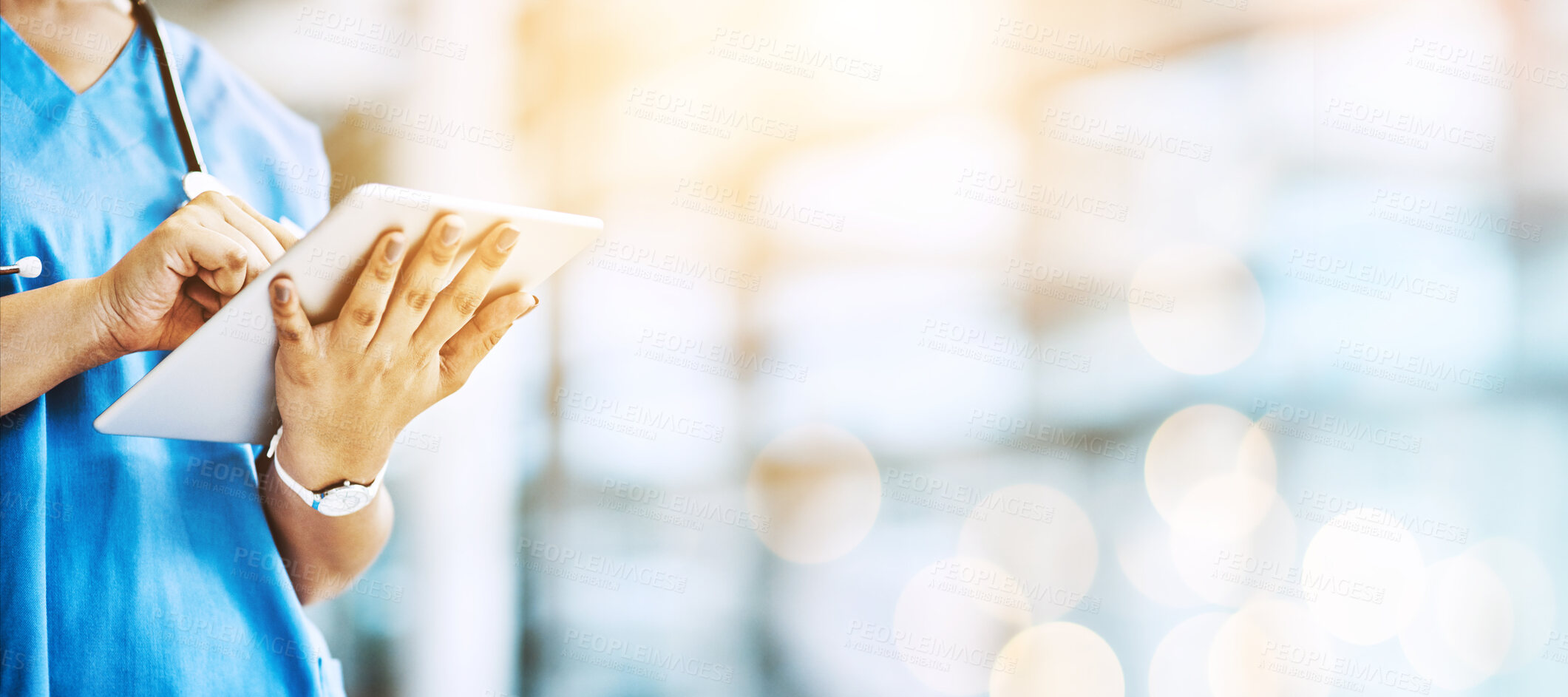 Buy stock photo Woman, doctor and tablet on banner, mockup space and bokeh background. Hands of healthcare worker, digital technology and planning medical innovation, telehealth app and online consulting management 