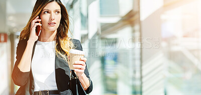 Buy stock photo Morning, coffee and woman speaking on a phone call, communication and networking on a mobile. Walking, business and thinking corporate employee talking on a cellphone with a drink in an office