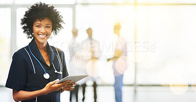 Buy stock photo Black woman, doctor and portrait with tablet on banner, mockup space and bokeh background. Happy healthcare worker, digital technology and planning medical innovation, telehealth app and online trust