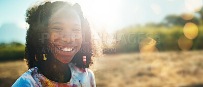 Buy stock photo Black girl child, outdoor portrait and mockup space by field, grass or nature for holiday in blurred background. Young happy female, sunshine and excited smile at park, safari or countryside vacation