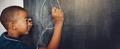 Buy stock photo School, chalk and boy drawing on a board for child development, creativity and art for learning. Academic, creative and young kid student writing on a blackboard in the classroom with mockup space.