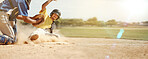 Banner, running and man playing baseball for fitness, training and competition in a park in USA. Runner, sports and player with cardio, exercise and game of action sport for a team in nature