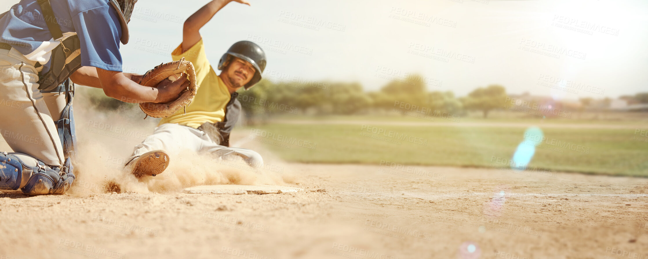 Buy stock photo Banner, running and man playing baseball for fitness, training and competition in a park in USA. Runner, sports and player with cardio, exercise and game of action sport for a team in nature