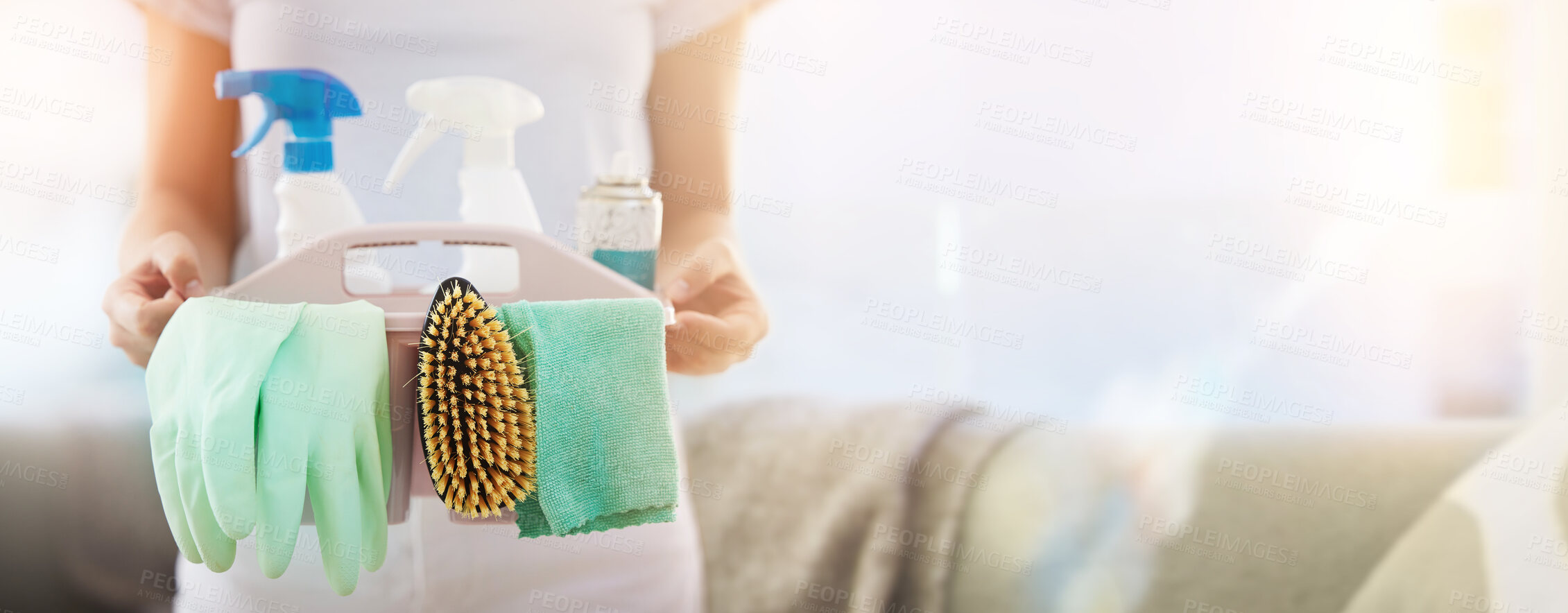 Buy stock photo Hands, cleaning and mockup with a woman housekeeper holding a basket of detergent or disinfectant in a home. Housekeeping, hygiene and mock up with a female cleaner carrying a plastic container