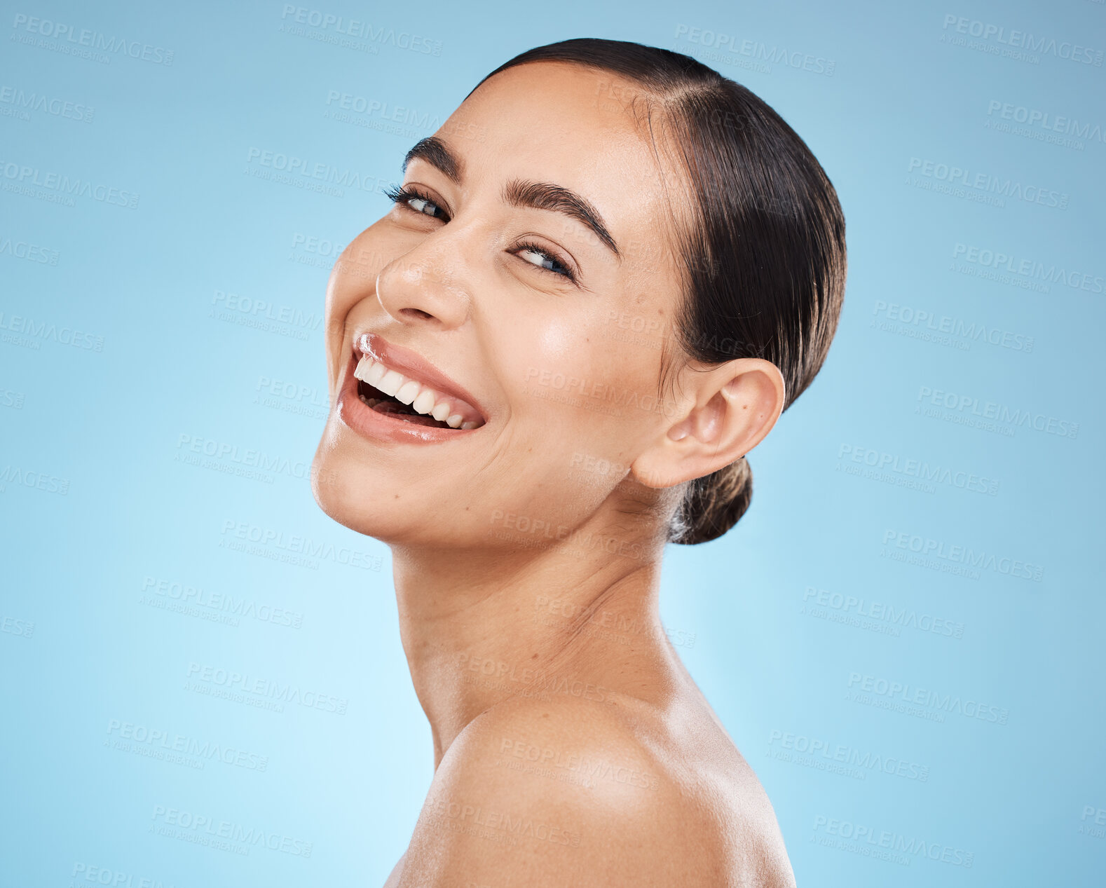 Buy stock photo Portrait, skincare and woman with smile, cosmetics and dermatology against blue studio background. Face detox, female and lady with happiness, wellness and morning routine for grooming and treatment