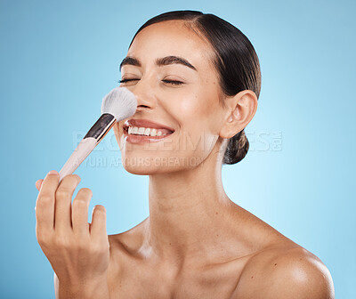 Buy stock photo Face, beauty and makeup brush of woman with eyes closed in studio isolated on blue background. Nose, facial and skincare aesthetic of happy female model with tools for foundation, powder or cosmetics