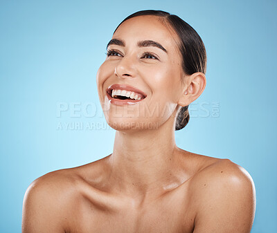 Buy stock photo Face, thinking and beauty skincare of woman in studio isolated on a blue background. Aesthetics, makeup and cosmetics of female model with healthy, glowing or flawless skin after spa facial treatment