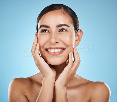 Buy stock photo Thinking, face and beauty skincare of woman in studio isolated on a blue background. Aesthetics, makeup or cosmetics of female model with healthy, glowing and flawless skin after spa facial treatment
