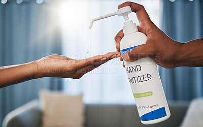 Buy stock photo Hands, sanitizer and drop for hygiene, bacteria or germs to combat disease, illness or virus at home. Hand of person using chemical, alcohol or hand wash for safety, protection or disinfect indoors