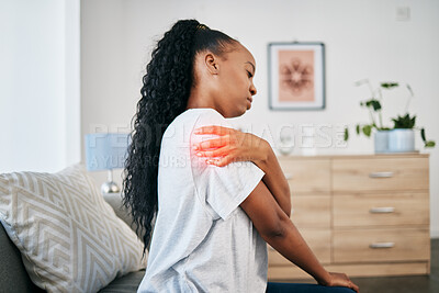 Joint pain, injury and black woman, health and emergency, medical problem with accident and red overlay. Orthopedic healthcare, inflammation and muscle tension, stress on shoulder and injured person