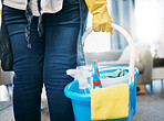 Cleaning tools, living room and maid hands of a woman in a house with chemical spray in basket. Home, cleaner and house hygiene product of soap for maintenance and service job of housekeeper