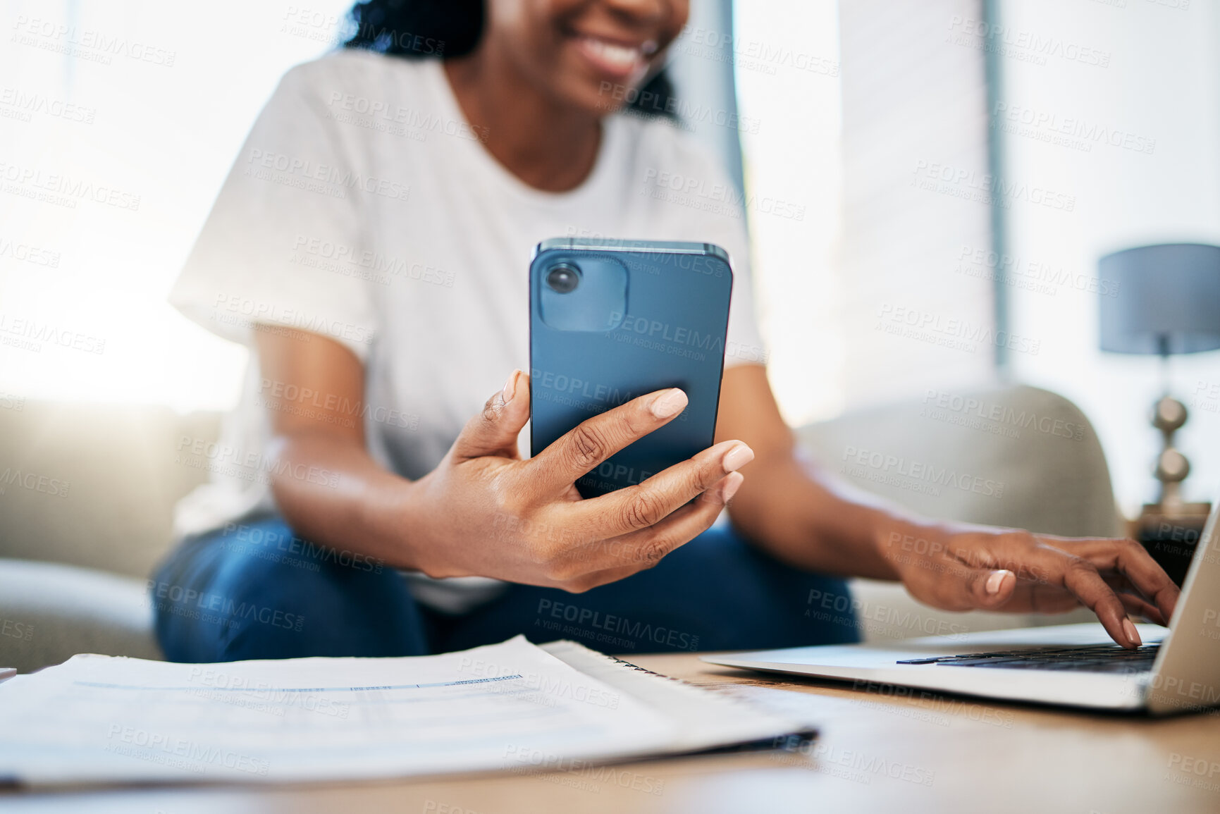 Buy stock photo Student, phone or black woman hands on laptop typing for internet research, search or networking for university project. Education, hand or girl on smartphone for communication, social media or blog