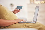 Pregnancy hands, credit card and laptop online shopping, ecommerce or financial payment for customer experience. Pregnant woman or mother and computer for fintech, digital app and banking service