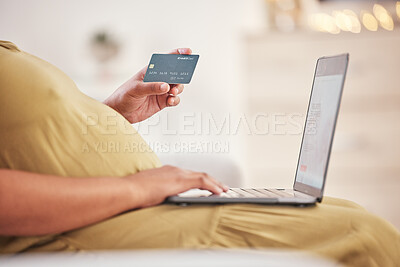 Buy stock photo Pregnancy hands, credit card and laptop online shopping, ecommerce or financial payment for customer experience. Pregnant woman or mother and computer for fintech, digital app and banking service