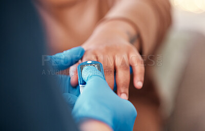 Buy stock photo Healthcare, pulse oximeter and doctor doing a consultation for oxygen levels in a hospital. Medical, professional and nurse doing a blood sugar test on finger with a glucometer for checkup in clinic.