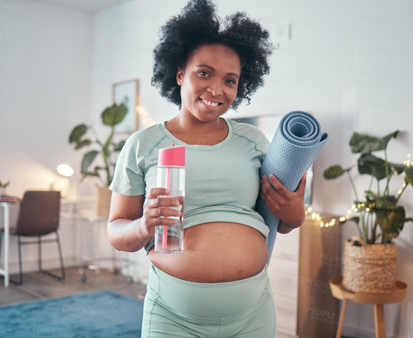 Buy stock photo Pregnant, yoga and portrait of black woman in home ready to start exercise, training or workout for health or fitness. Pregnancy, zen pilates and future mother with mat and water bottle for hydration