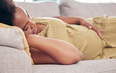 Buy stock photo Pregnant, maternity and sleeping woman resting holding her tummy or stomach and relax expecting a baby. Home, pregnancy and lying on a couch or sofa in a house or apartment on a break in a lounge