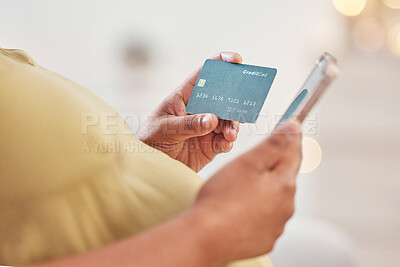 Buy stock photo Pregnancy hands, credit card and phone online shopping, ecommerce or financial payment for customer experience. Pregnant woman or mother and smartphone for fintech, digital app and banking service