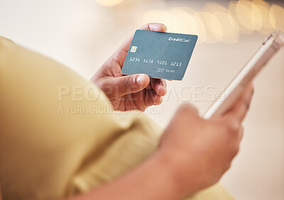 Buy stock photo Pregnant, hands with phone and credit card for online shopping, fintech banking or payment. Pregnancy, digital retail and black woman with mobile smartphone for buying, paying or ecommerce online.