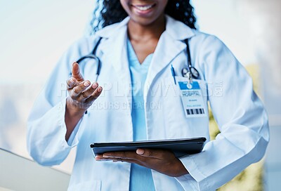 Black woman, doctor hands and tablet of a healthcare worker talking about medical results. Digital, online and web health data of a nurse and hospital employee outdoor speaking about life insurance