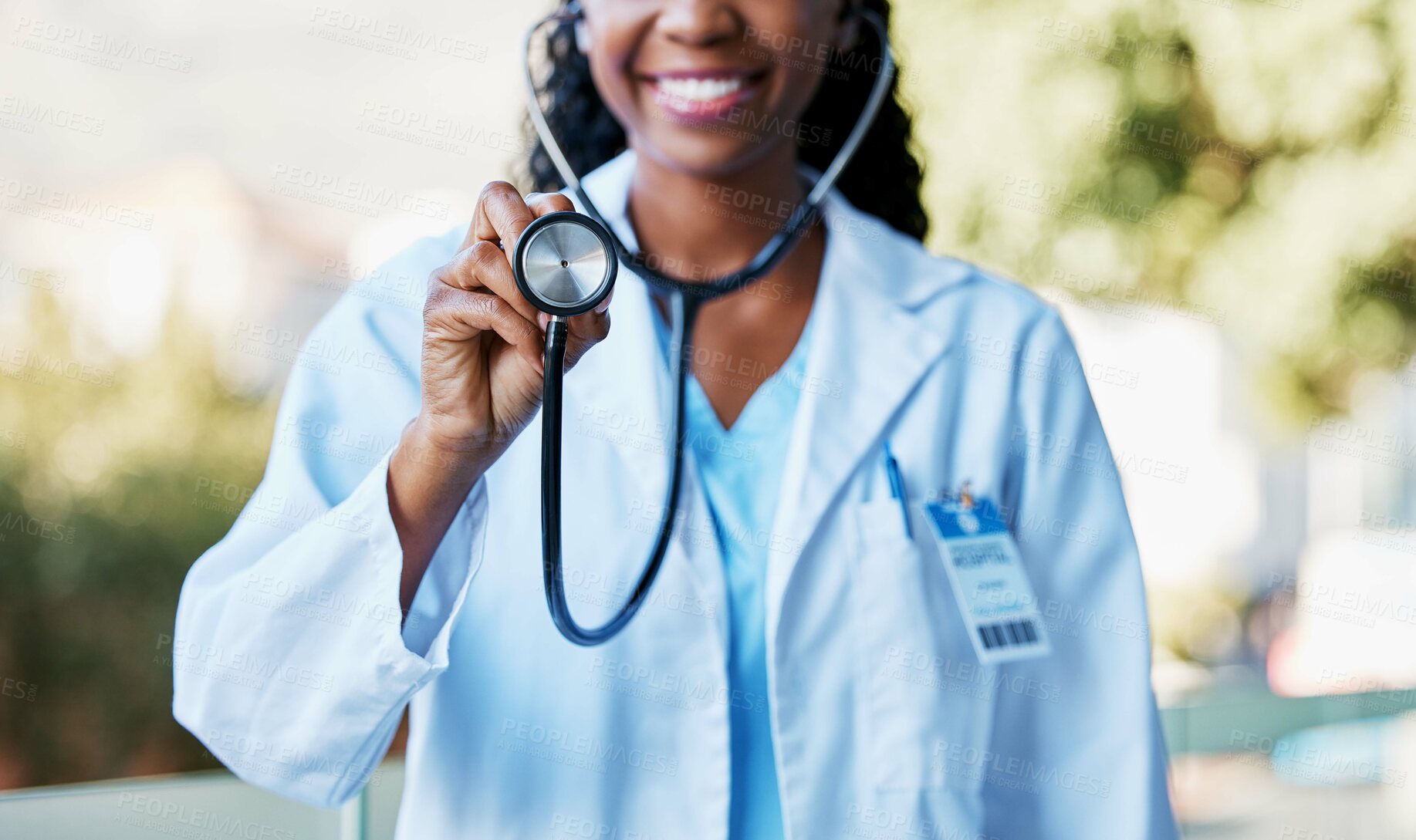 Buy stock photo Woman, stethoscope and cardiology doctor for healthcare, life insurance and medical care for wellness. Hand of medicine professional or expert for heart health, healing or hospital consultation check