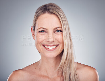 Buy stock photo Woman, portrait and happy with hair and beauty, hairstyle cosmetic care and smile isolated on studio background. Makeup, natural cosmetics and keratin treatment, dermatology and shine with skincare