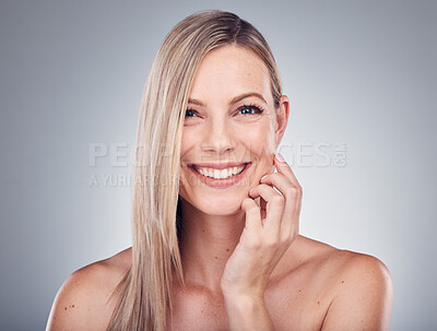 Buy stock photo Woman, portrait and happiness, beauty and hair, hairstyle cosmetic care and smile isolated on studio background. Makeup, natural cosmetics and keratin treatment, dermatology and shine with skincare