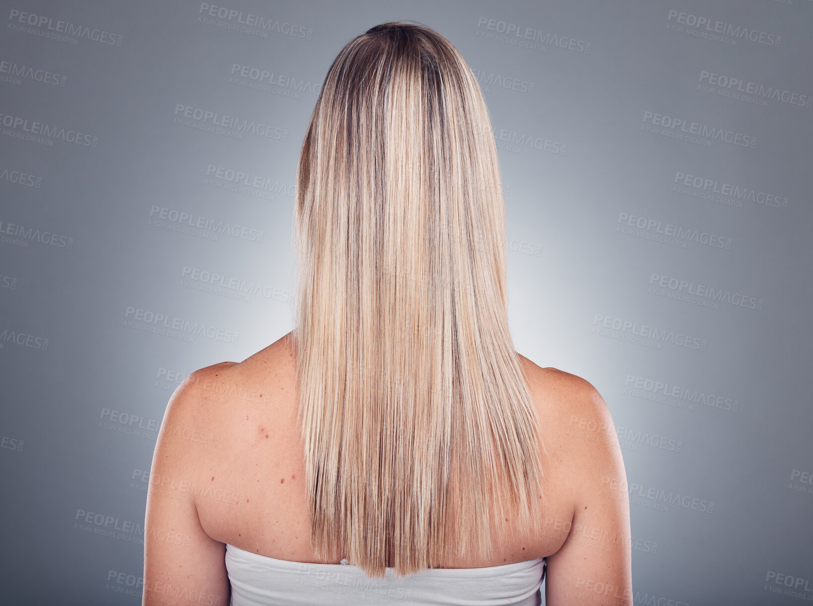 Buy stock photo Grooming, beauty and woman with long blond hair due to salon care or cosmetic shampoo isolated in studio grey background. Treatment, balayage and girl with healthy shine and glow due to keratin