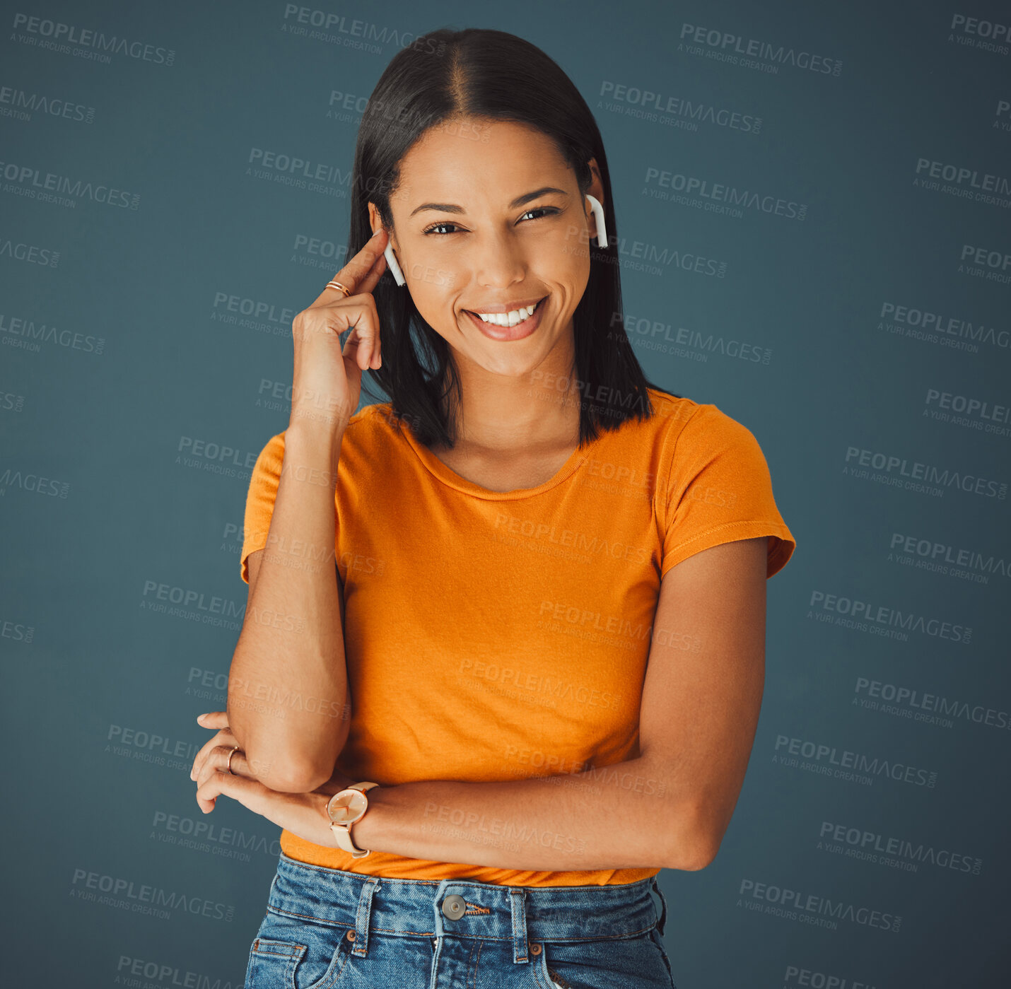 Buy stock photo Woman, portrait and listening to music online while happy on a studio background. Smile on face of a young gen z person with earphones for podcast, radio or audio sound to relax while streaming