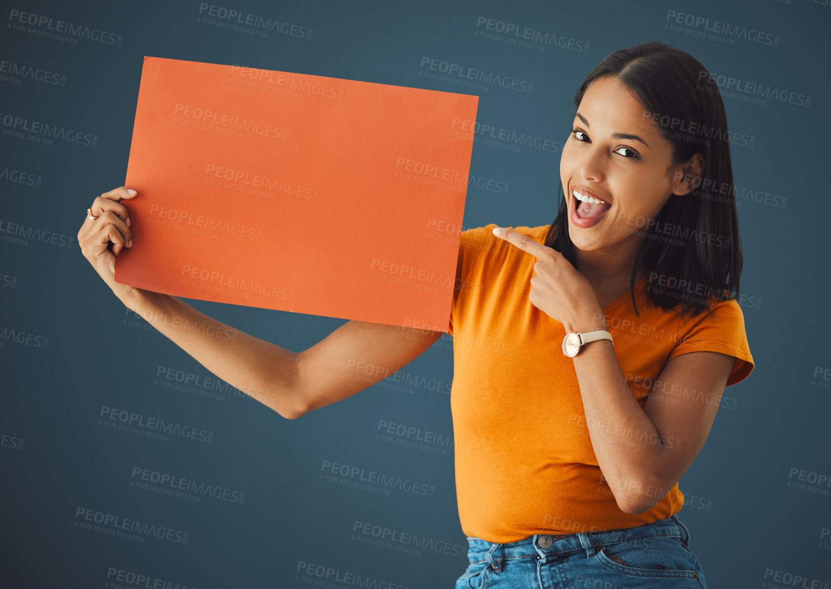 Buy stock photo Woman, poster portrait and wow mockup space for sale, discount or promotion. Model pointing or advertising product placement, logo or brand billboard on paper sign or banner in studio background
