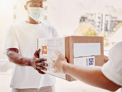 Buy stock photo Box, delivery and courier man with mask for covid, safety and compliance while giving ecommerce orders to customer. Corona, guy and woman with parcel, online shopping or retail package at her home