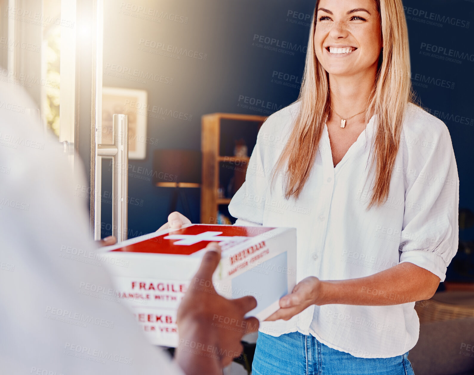 Buy stock photo Woman, medicine or receiving courier box in house or home from medical supply chain, logistics or healthcare ecommerce. Smile, happy or customer and deliveryman parcel, retail pills or wellness cargo