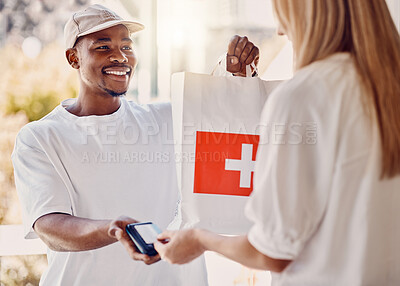 Buy stock photo Delivery, healthcare and people with package for online payment, ecommerce and fintech at home door. Courier services, telehealth and woman, patient or customer and bag for retail, medical medicine
