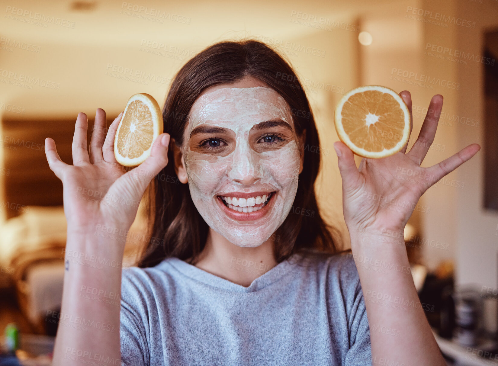 Buy stock photo Portrait, orange and skincare mask by woman in bedroom for wellness, grooming and facial cleaning treatment. Fruit, face and girl relax with citrus product, natural and skin, detox  or beauty routine