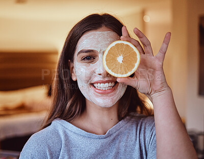 Buy stock photo Skincare, orange and portrait of woman in her home for wellness, grooming and mask, treatment and facial. Fruit, face and girl relax with citrus product, natural and skin detox routine in her home