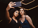 Women, fashion or beauty selfie at night, live streaming or party club for blogging, vlogging or content creator. Friends, girls or bonding on profile picture, social media or makeup influencer app