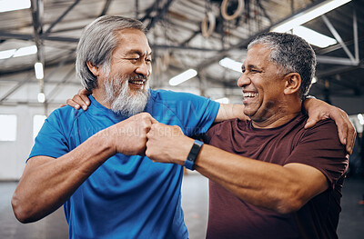 Buy stock photo Men, gym and training with fist bump, smile and teamwork motivation for diversity, friends hug or happiness. Senior fitness partnership, asian and black man for mma workout, exercise or team building
